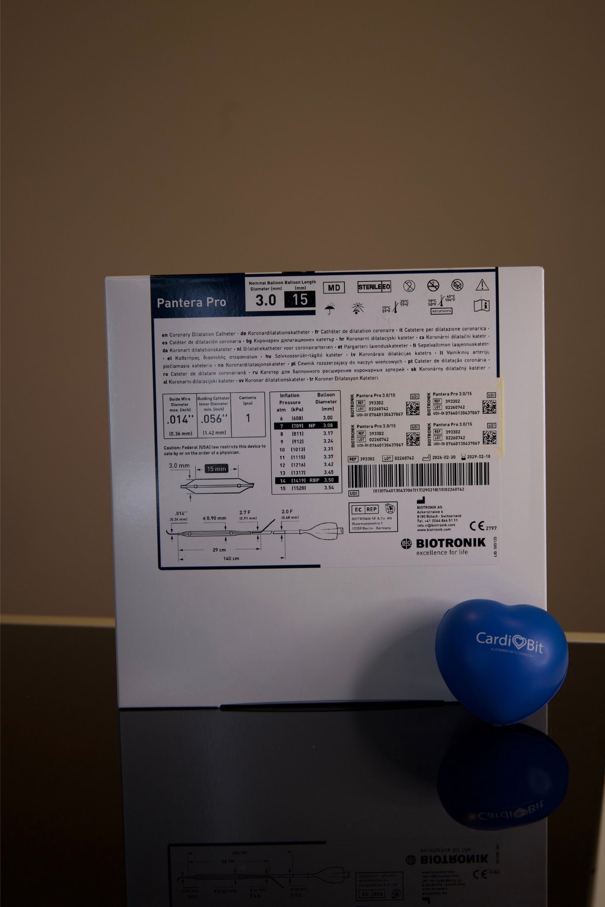 Caja de empaque del dispositivo médico Pantera Pro 3.0 con stressball azul de CardioBit al frente sobre superficie reflectante