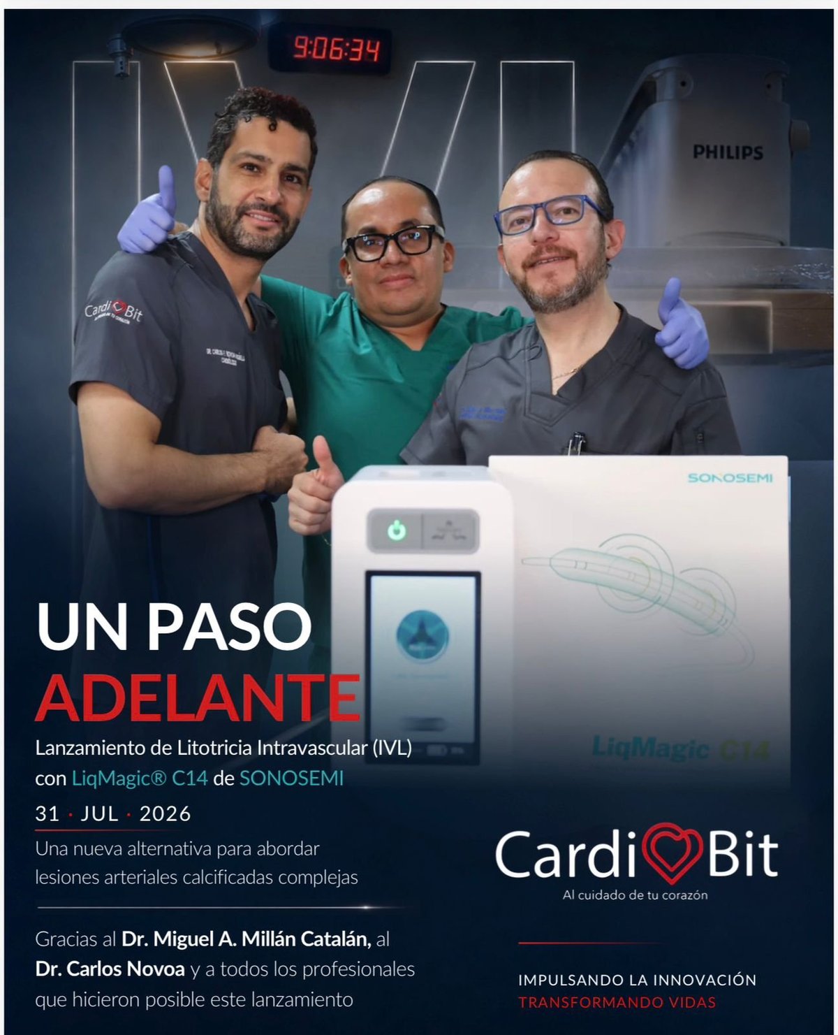 Tres profesionales de la salud presentando el lanzamiento del dispositivo de litotricia intravascular CardiBit, 31 de julio de 2026
